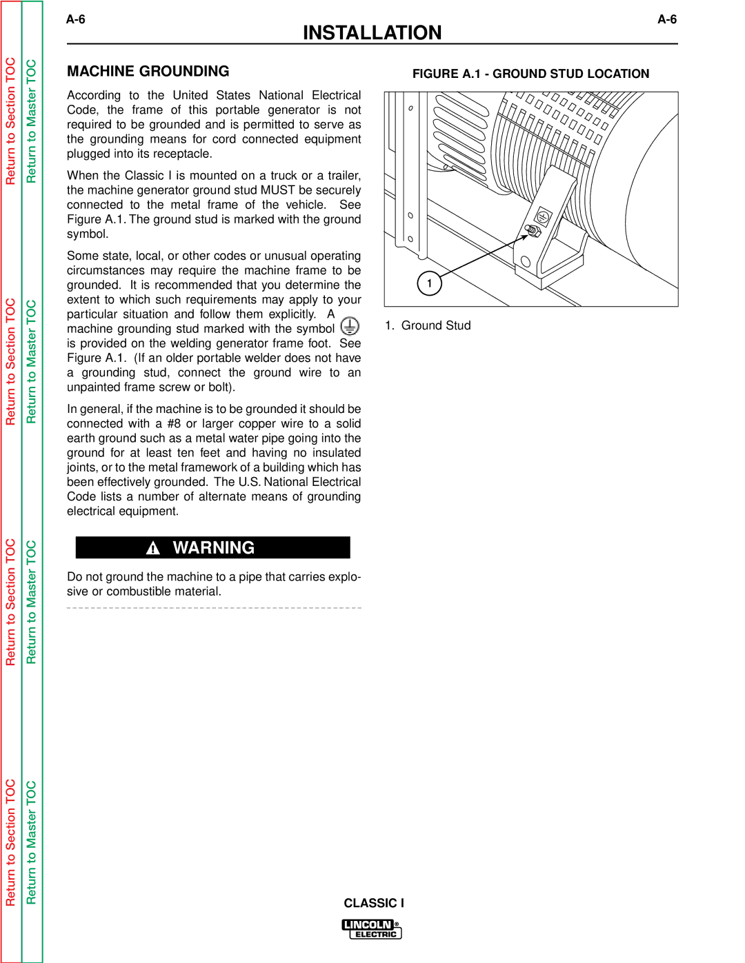 Lincoln Electric SVM134-A service manual Machine Grounding, Figure A.1 Ground Stud Location 