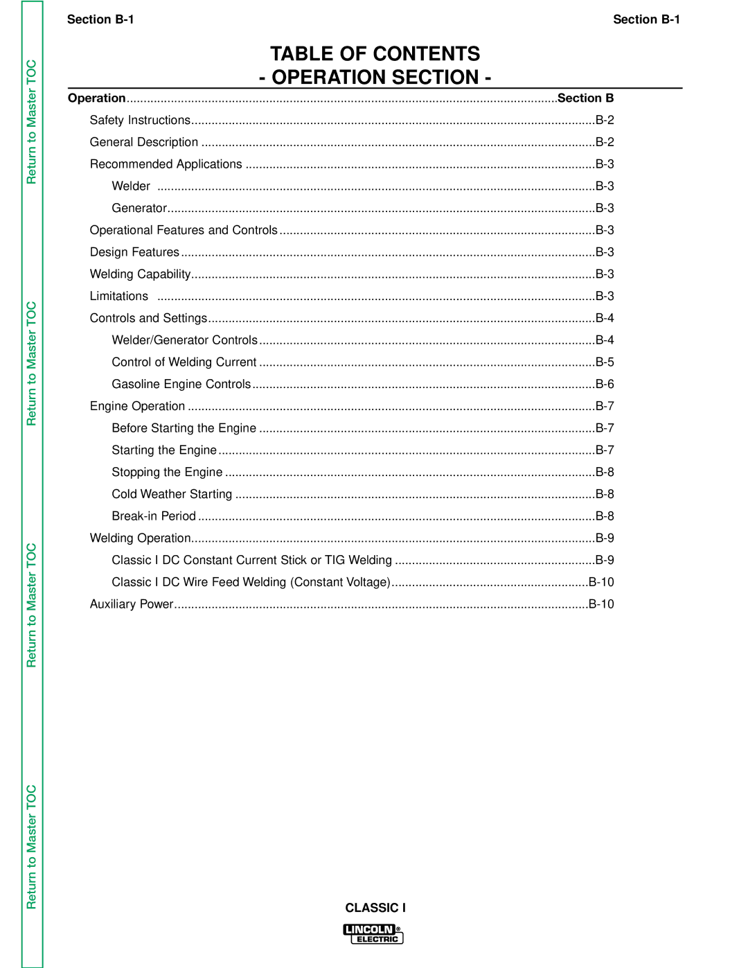 Lincoln Electric SVM134-A service manual Table of Contents Operation Section 