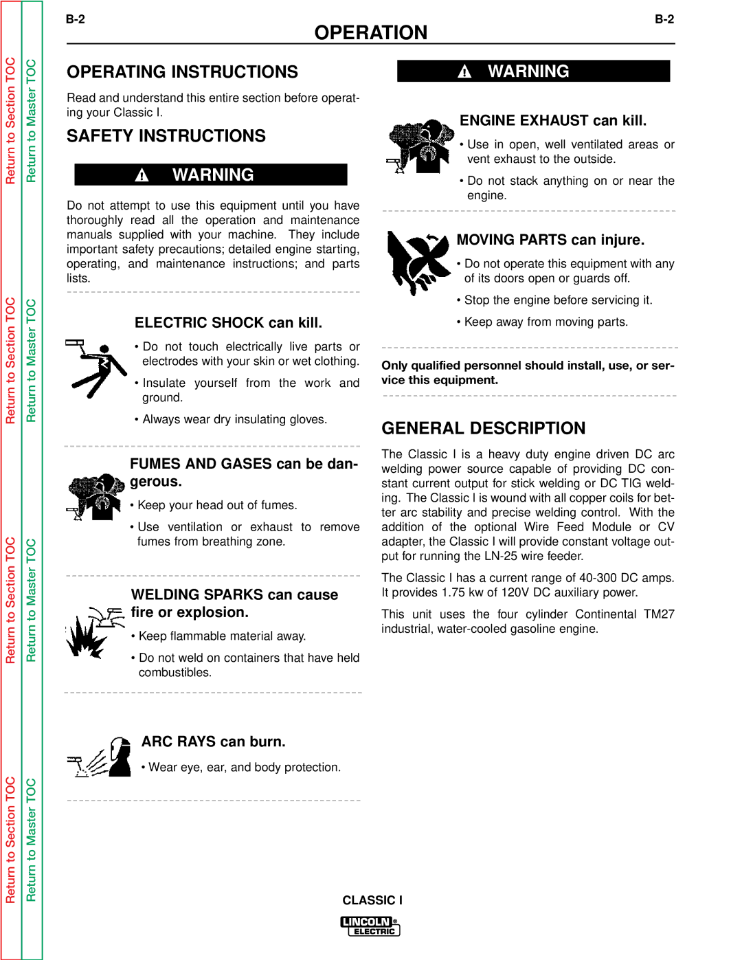 Lincoln Electric SVM134-A service manual Operation, Operating Instructions, Safety Instructions 