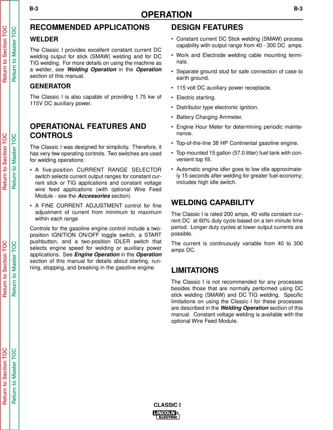 Lincoln Electric SVM134-A service manual Recommended Applications, Operational Features and Controls, Welder, Generator 