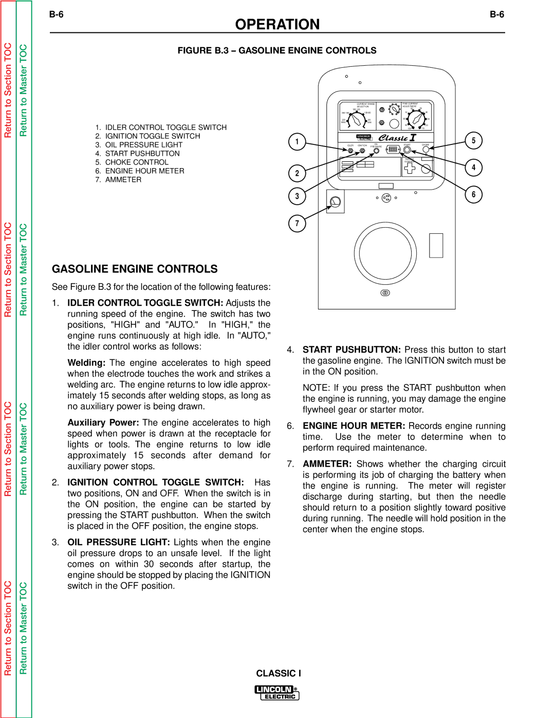 Lincoln Electric SVM134-A service manual Gasoline Engine Controls, Return Section TOC 