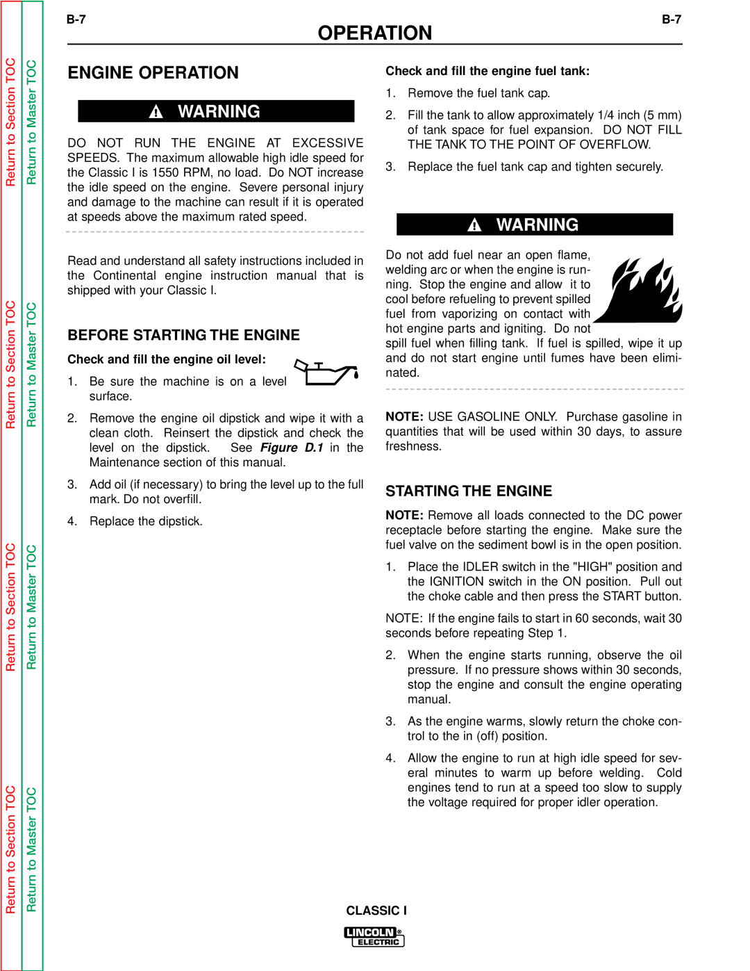 Lincoln Electric SVM134-A service manual Engine Operation, Before Starting the Engine 