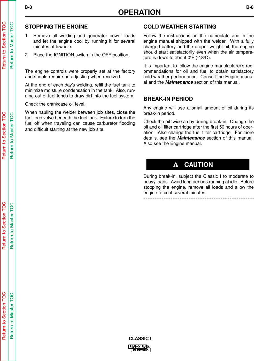 Lincoln Electric SVM134-A service manual Stopping the Engine, Cold Weather Starting, BREAK-IN Period 