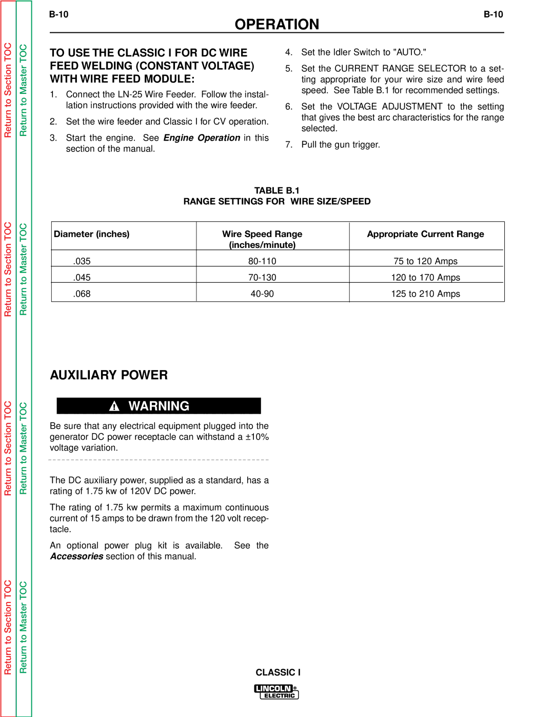 Lincoln Electric SVM134-A service manual Auxiliary Power, Table B.1 Range Settings for Wire SIZE/SPEED 