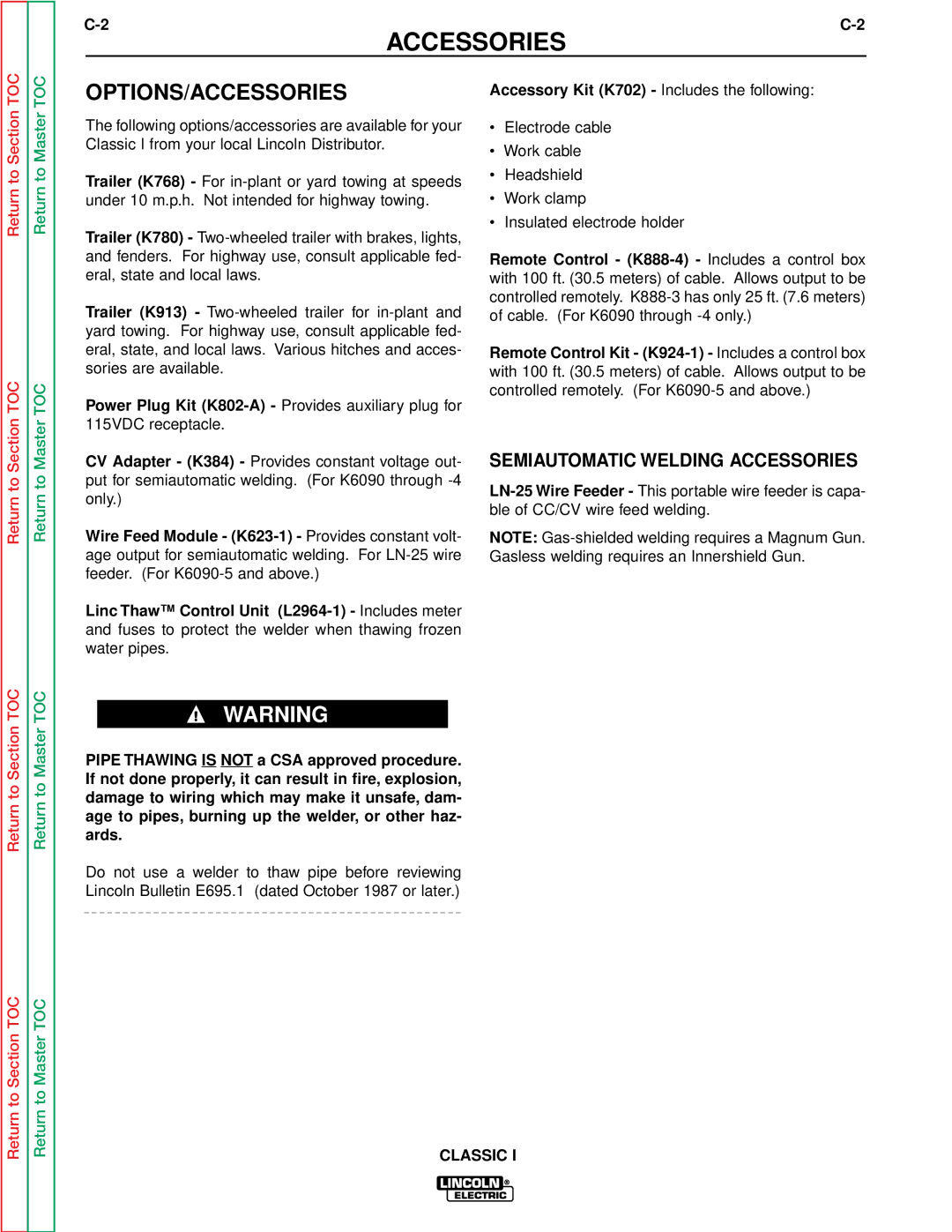 Lincoln Electric SVM134-A service manual Options/Accessories, Semiautomatic Welding Accessories 