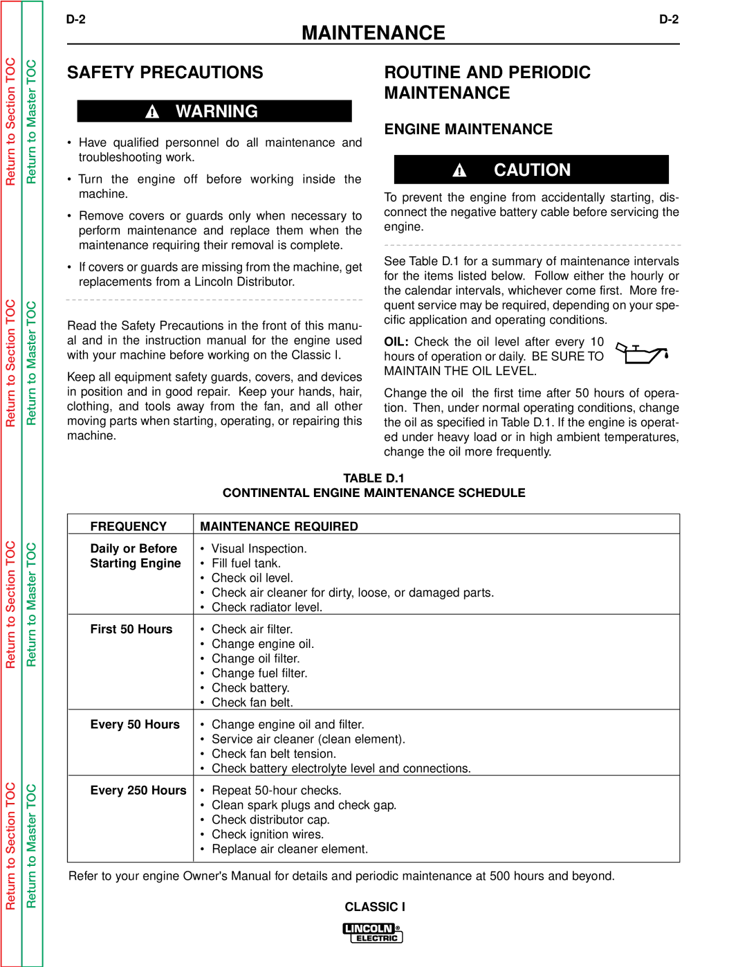 Lincoln Electric SVM134-A service manual Safety Precautions Routine and Periodic Maintenance, Engine Maintenance 