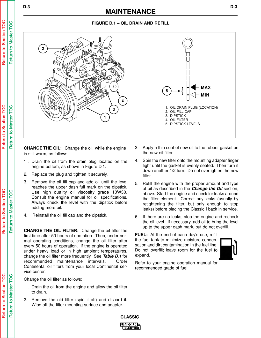 Lincoln Electric SVM134-A service manual Figure D.1 OIL Drain and Refill MAX MIN 