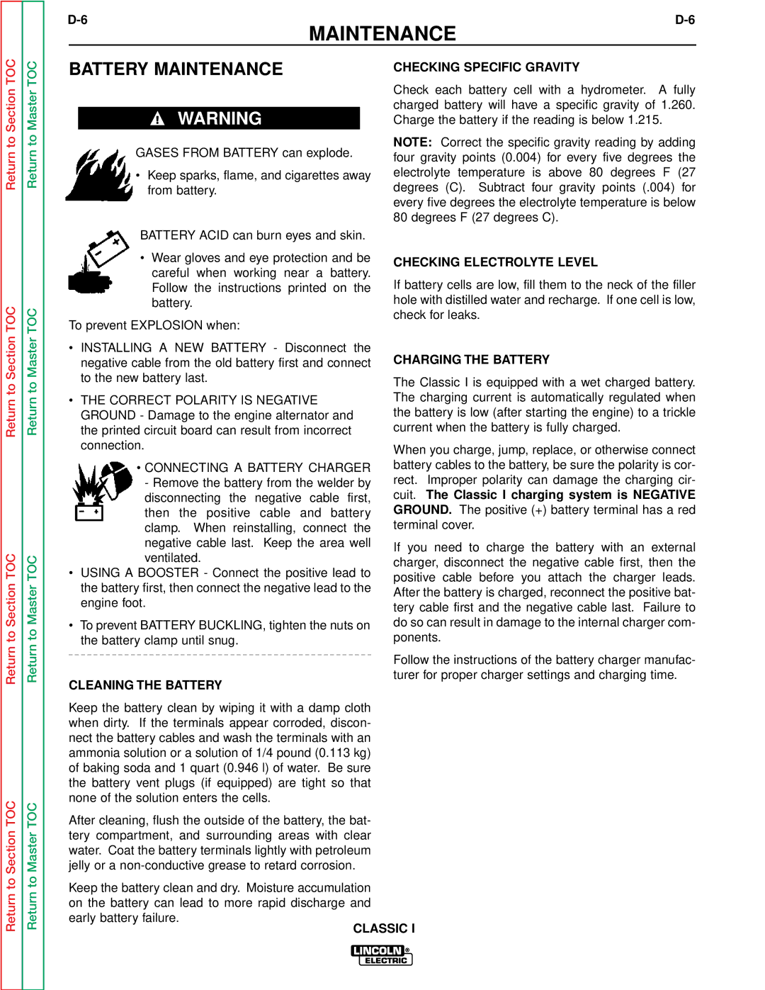 Lincoln Electric SVM134-A service manual Battery Maintenance, Classic I charging system is Negative 