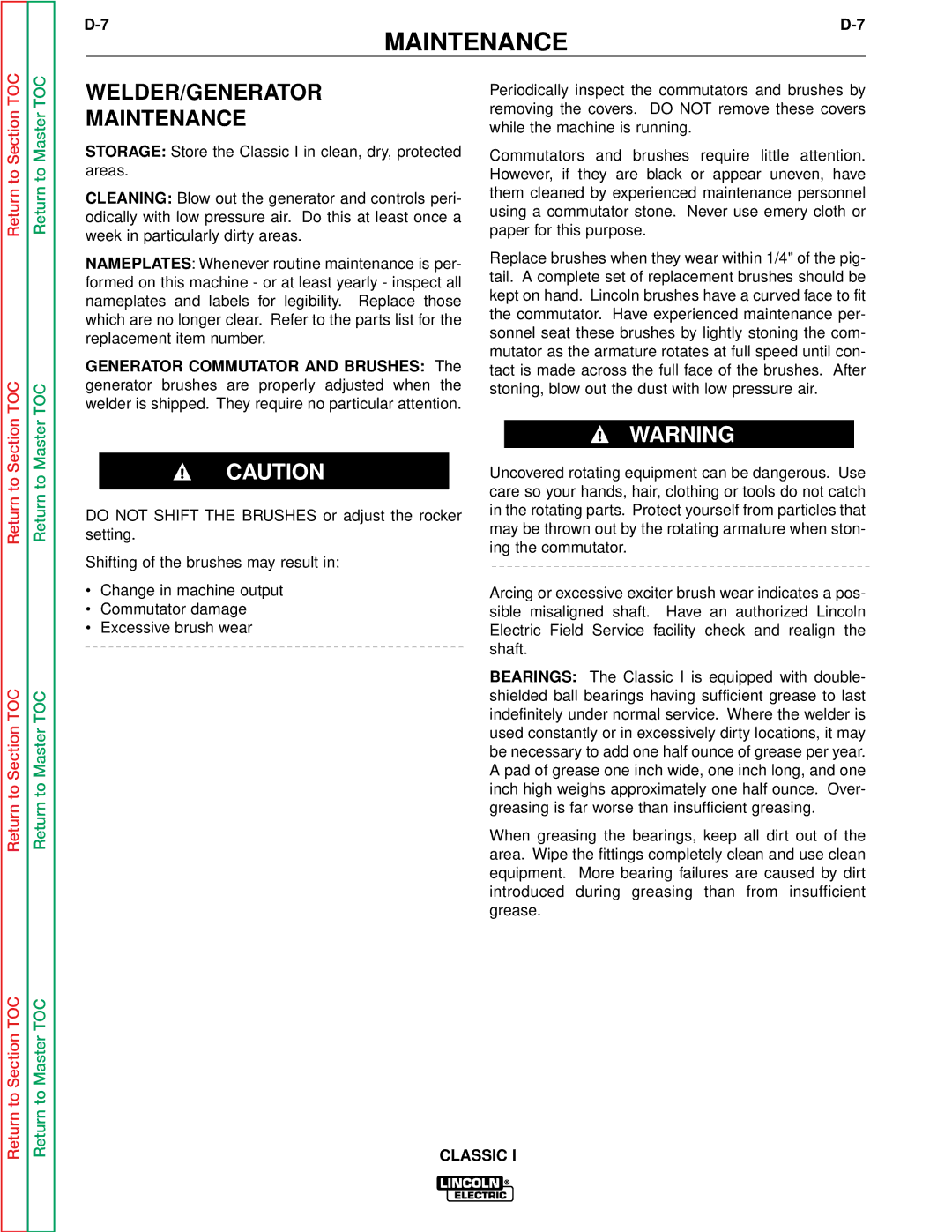 Lincoln Electric SVM134-A service manual WELDER/GENERATOR Maintenance, Return to Section Return to Section TOC 