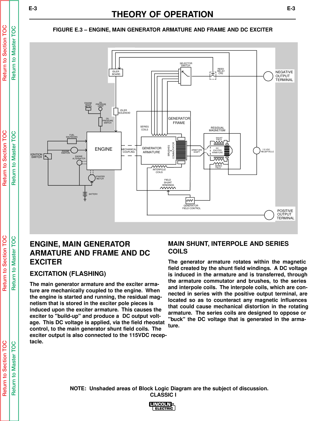 Lincoln Electric SVM134-A service manual ENGINE, Main Generator Armature and Frame and DC Exciter, Excitation Flashing 