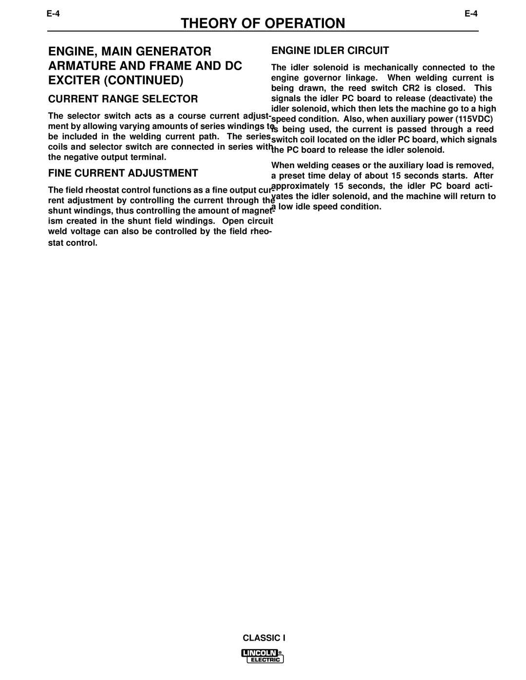 Lincoln Electric SVM134-A service manual Current Range Selector, Fine Current Adjustment, Engine Idler Circuit 