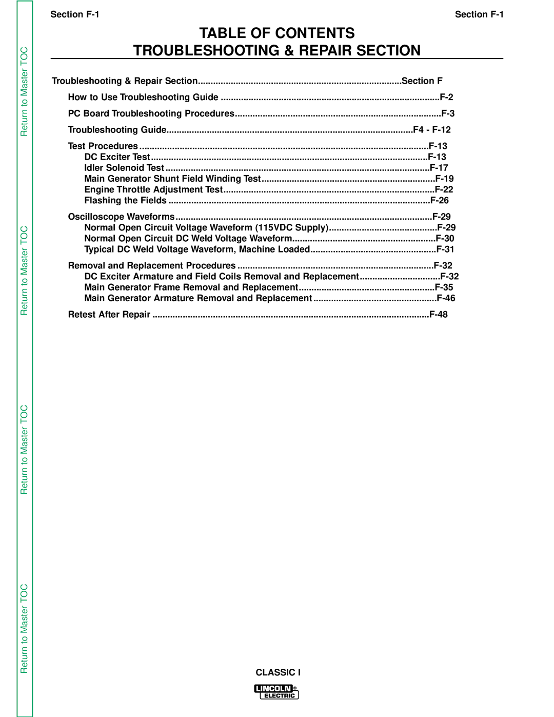 Lincoln Electric SVM134-A service manual Table of Contents Troubleshooting & Repair Section 