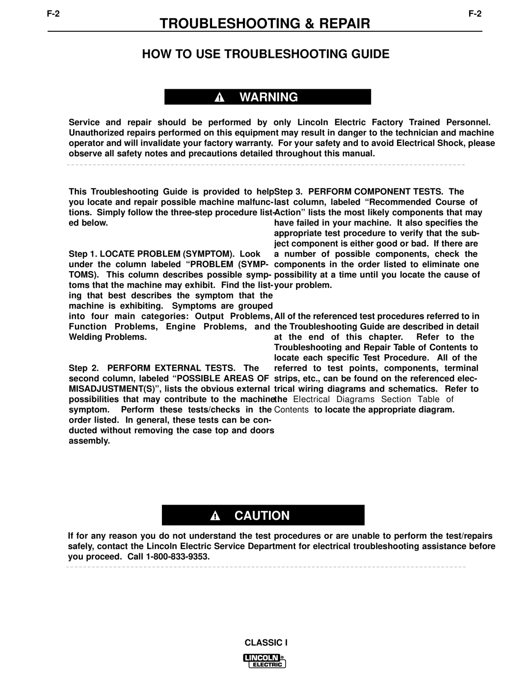 Lincoln Electric SVM134-A service manual Troubleshooting & Repair, HOW to USE Troubleshooting Guide 