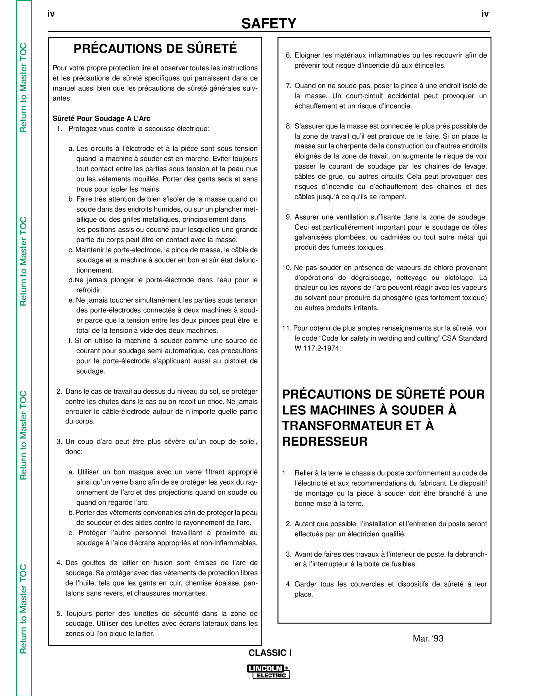 Lincoln Electric SVM134-A service manual Précautions DE Sûreté, Sûreté Pour Soudage a L’Arc 