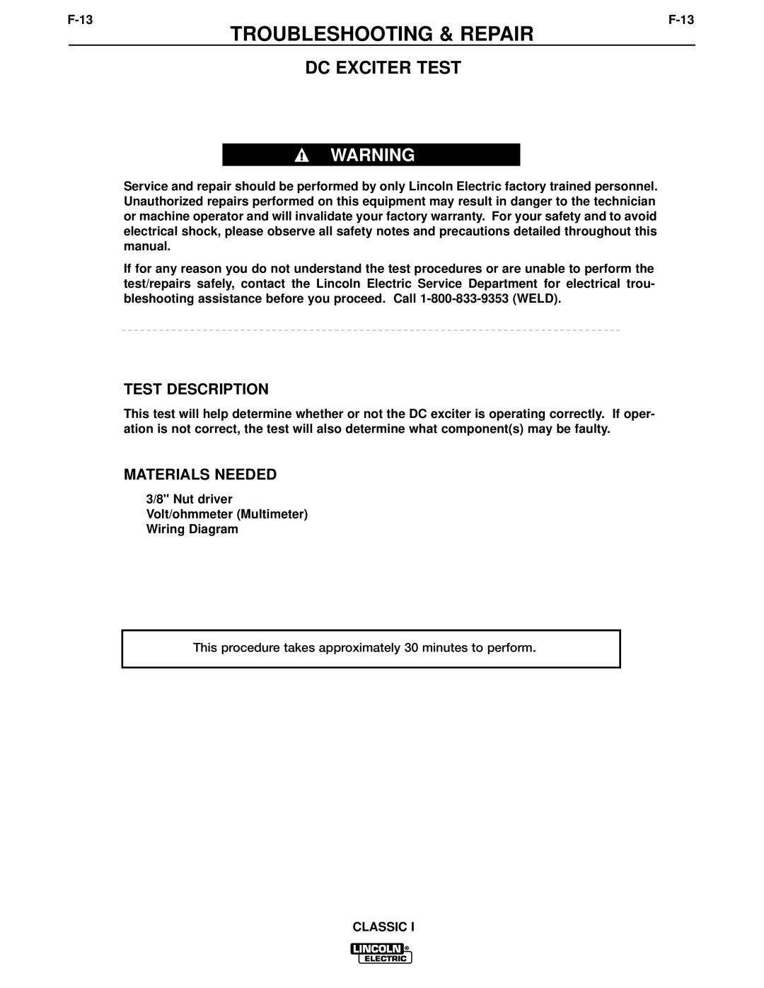 Lincoln Electric SVM134-A service manual DC Exciter Test, Test Description, Materials Needed 