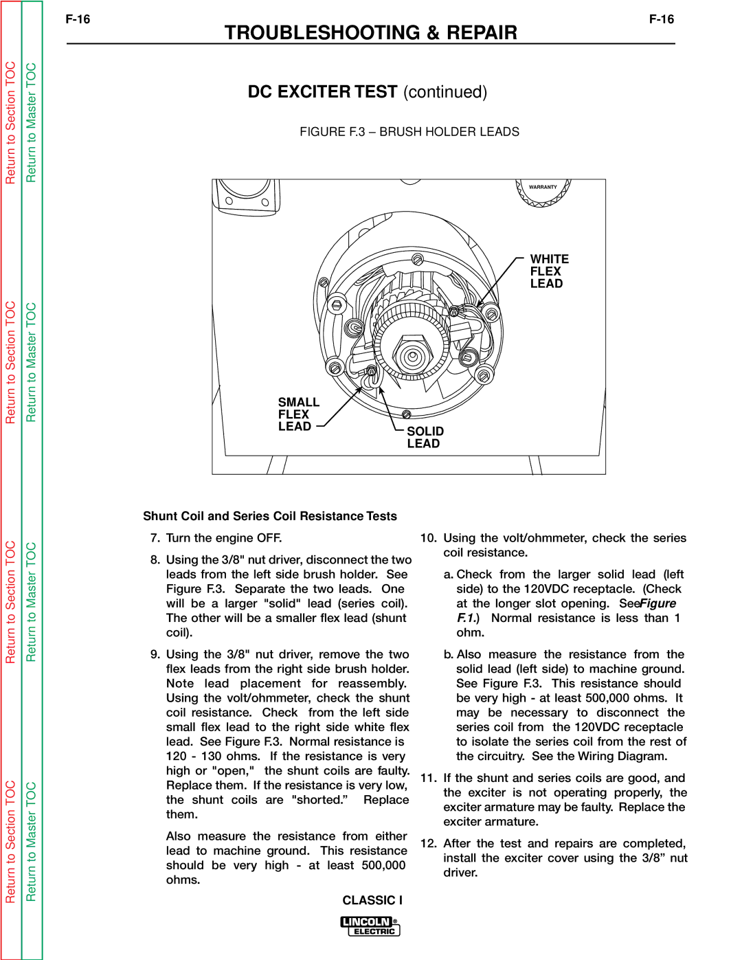 Lincoln Electric SVM134-A service manual Small Flex Lead Solid, Shunt Coil and Series Coil Resistance Tests 