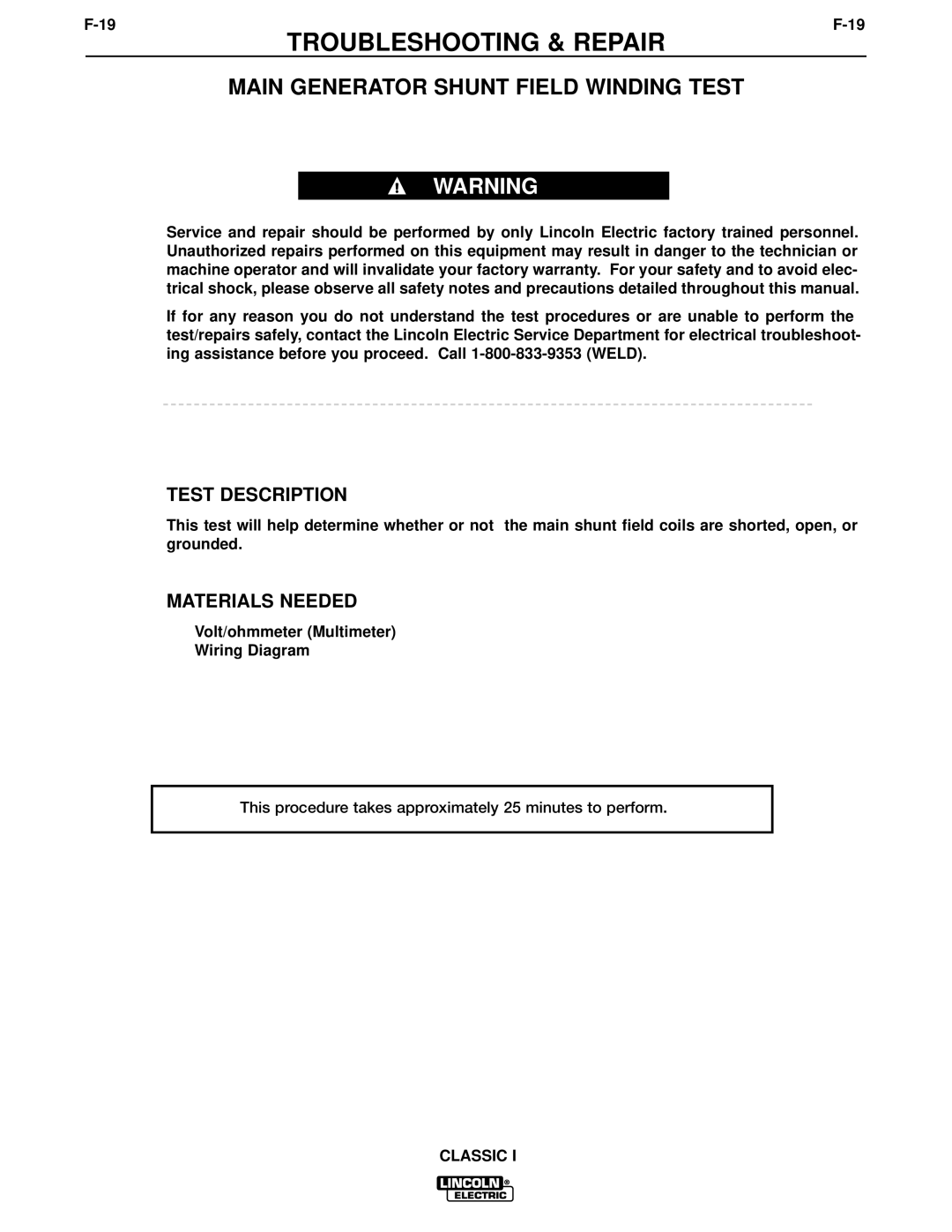 Lincoln Electric SVM134-A service manual Main Generator Shunt Field Winding Test 