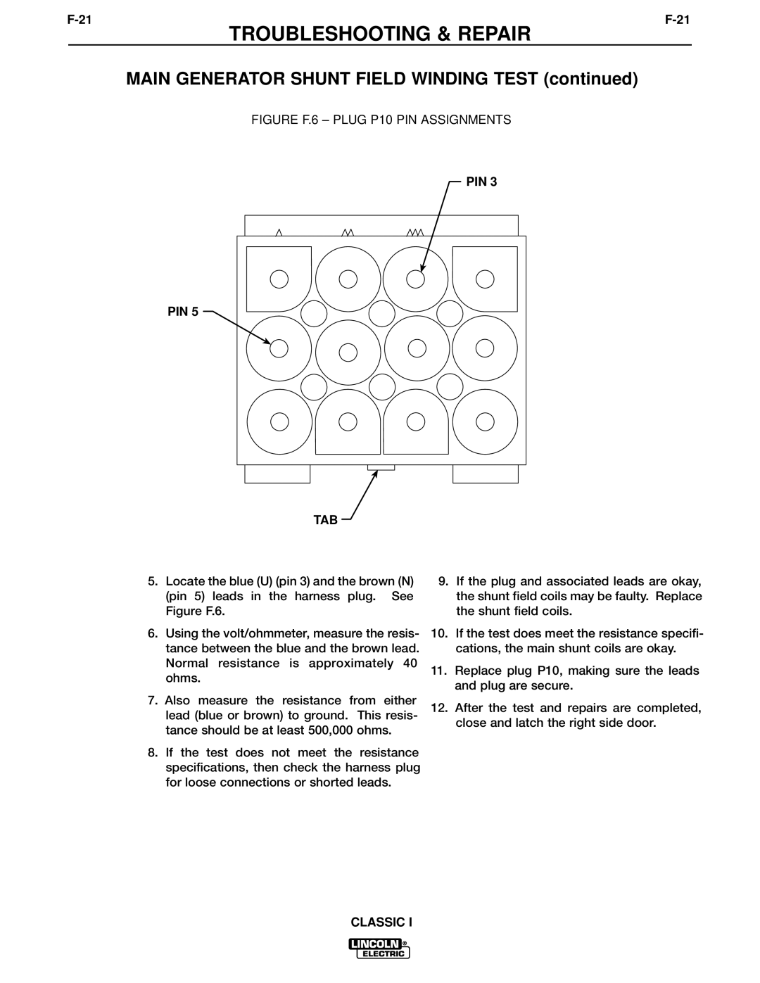 Lincoln Electric SVM134-A service manual Figure F.6 Plug P10 PIN Assignments TAB 