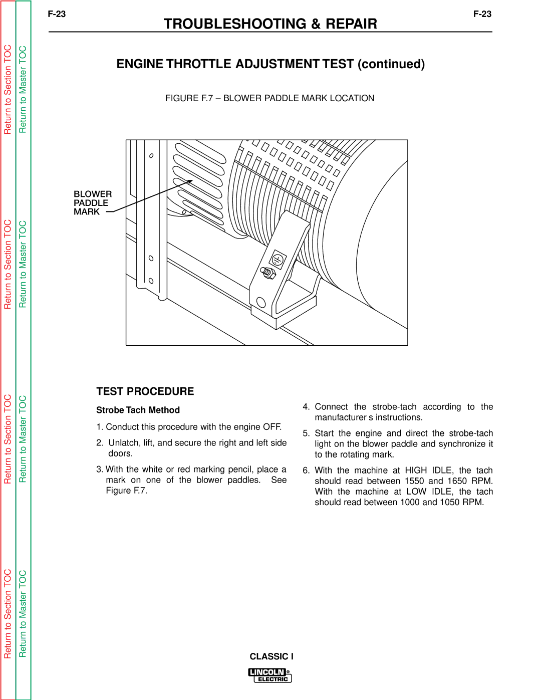 Lincoln Electric SVM134-A service manual Engine Throttle Adjustment Test, Strobe Tach Method 