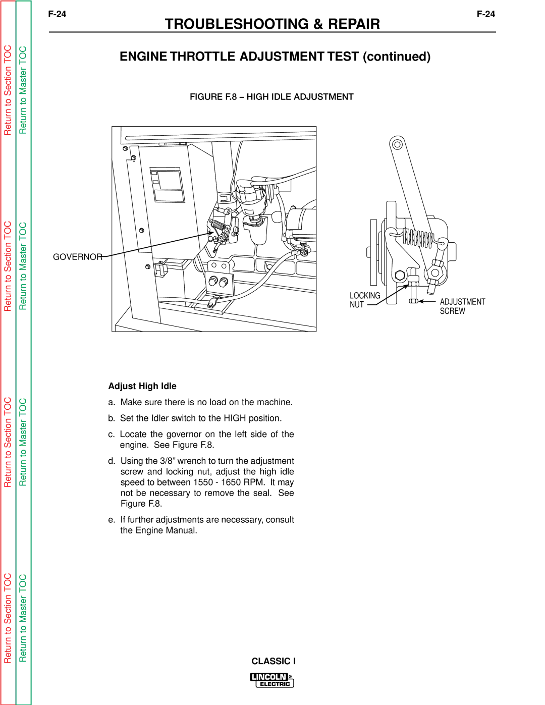 Lincoln Electric SVM134-A service manual Engine Throttle Adjustment Test, Adjust High Idle 