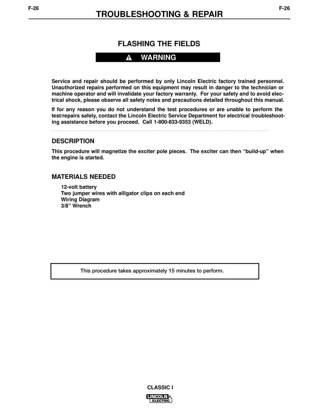 Lincoln Electric SVM134-A service manual Flashing the Fields, Description 