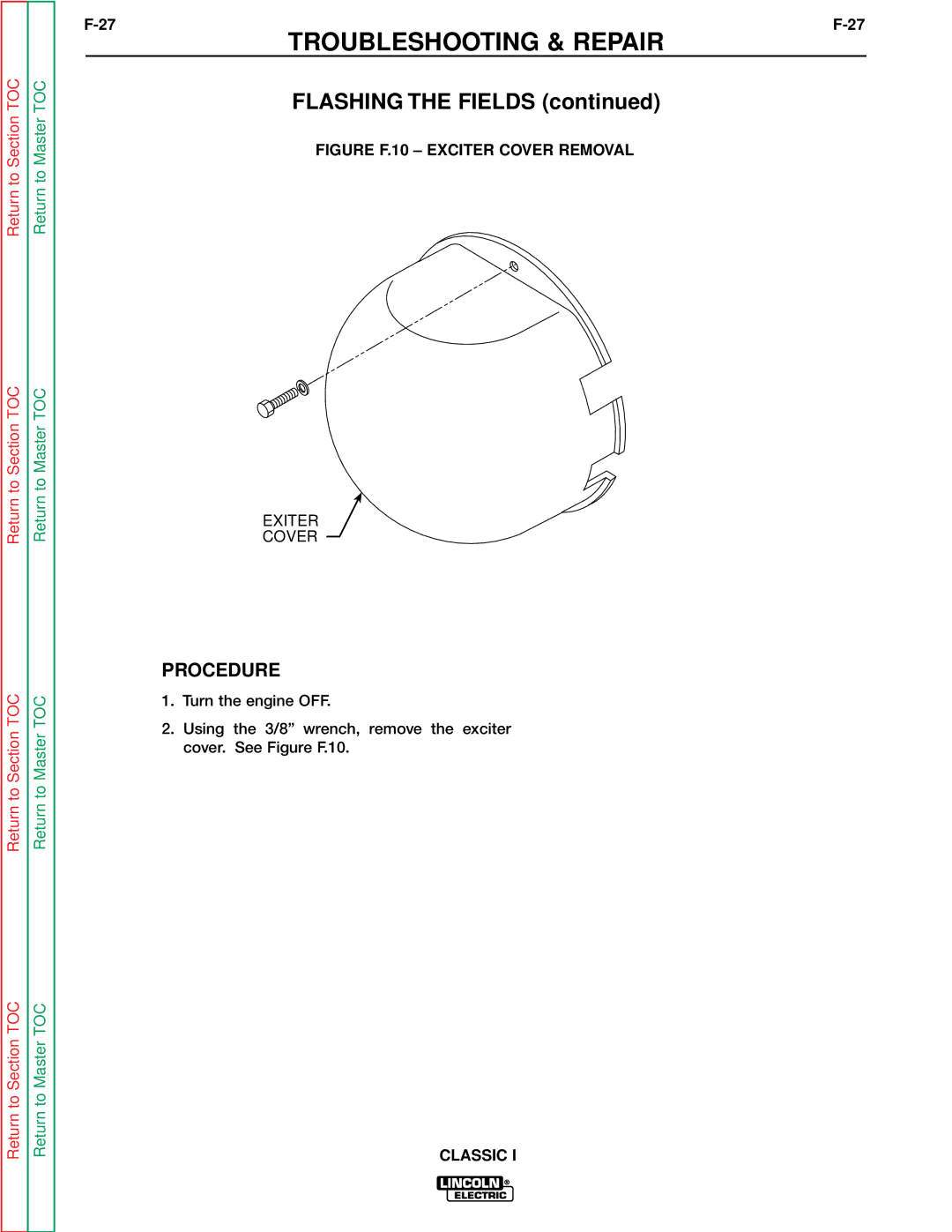 Lincoln Electric SVM134-A service manual Flashing the Fields, Procedure 