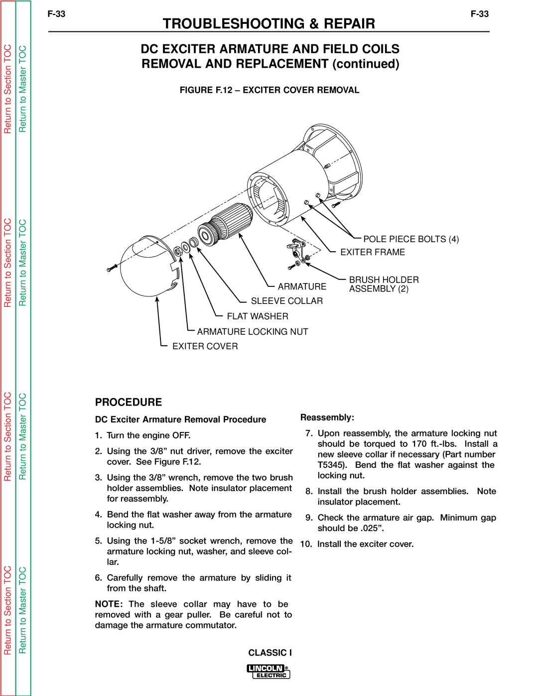 Lincoln Electric SVM134-A DC Exciter Armature and Field Coils, DC Exciter Armature Removal Procedure, Reassembly 