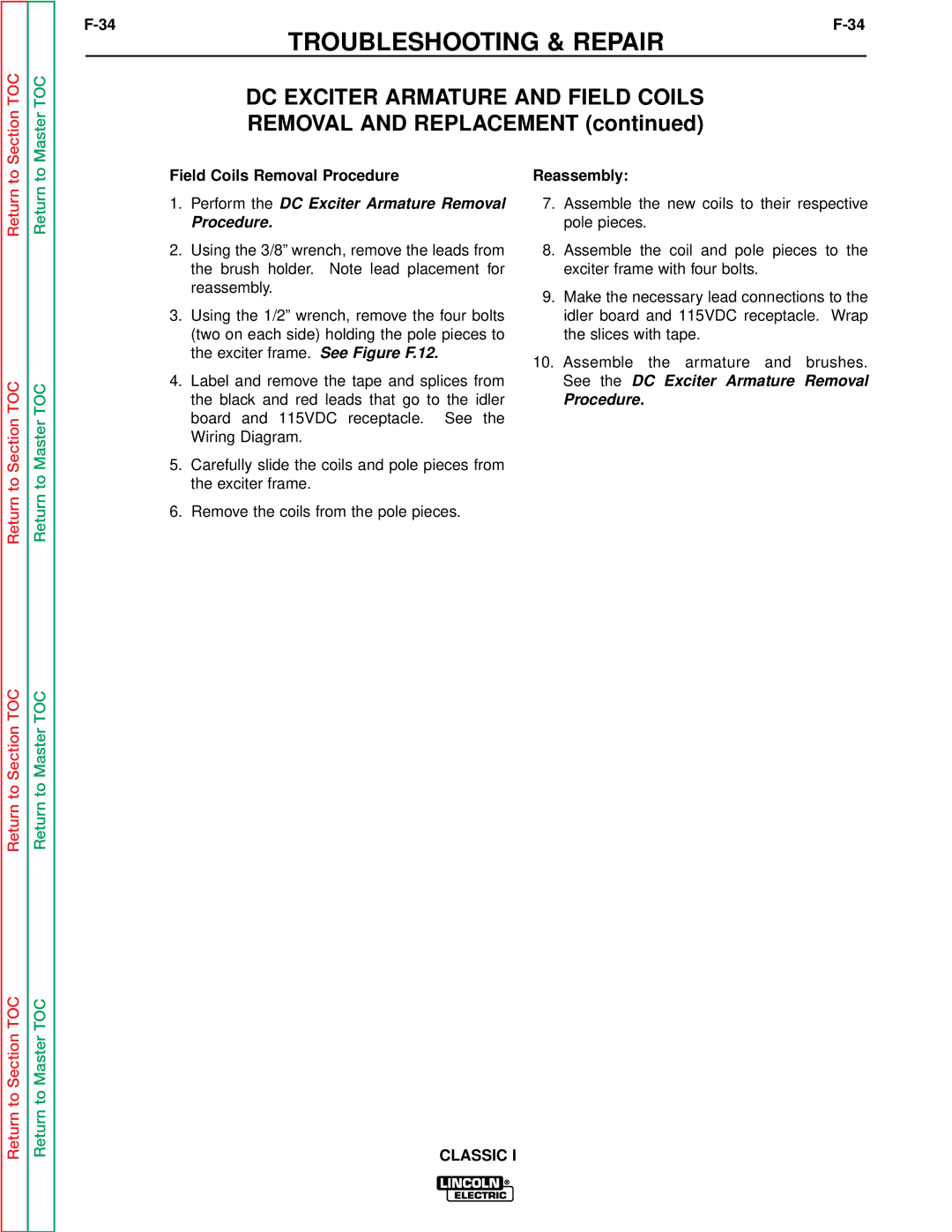 Lincoln Electric SVM134-A service manual Field Coils Removal Procedure, Perform the DC Exciter Armature Removal Procedure 