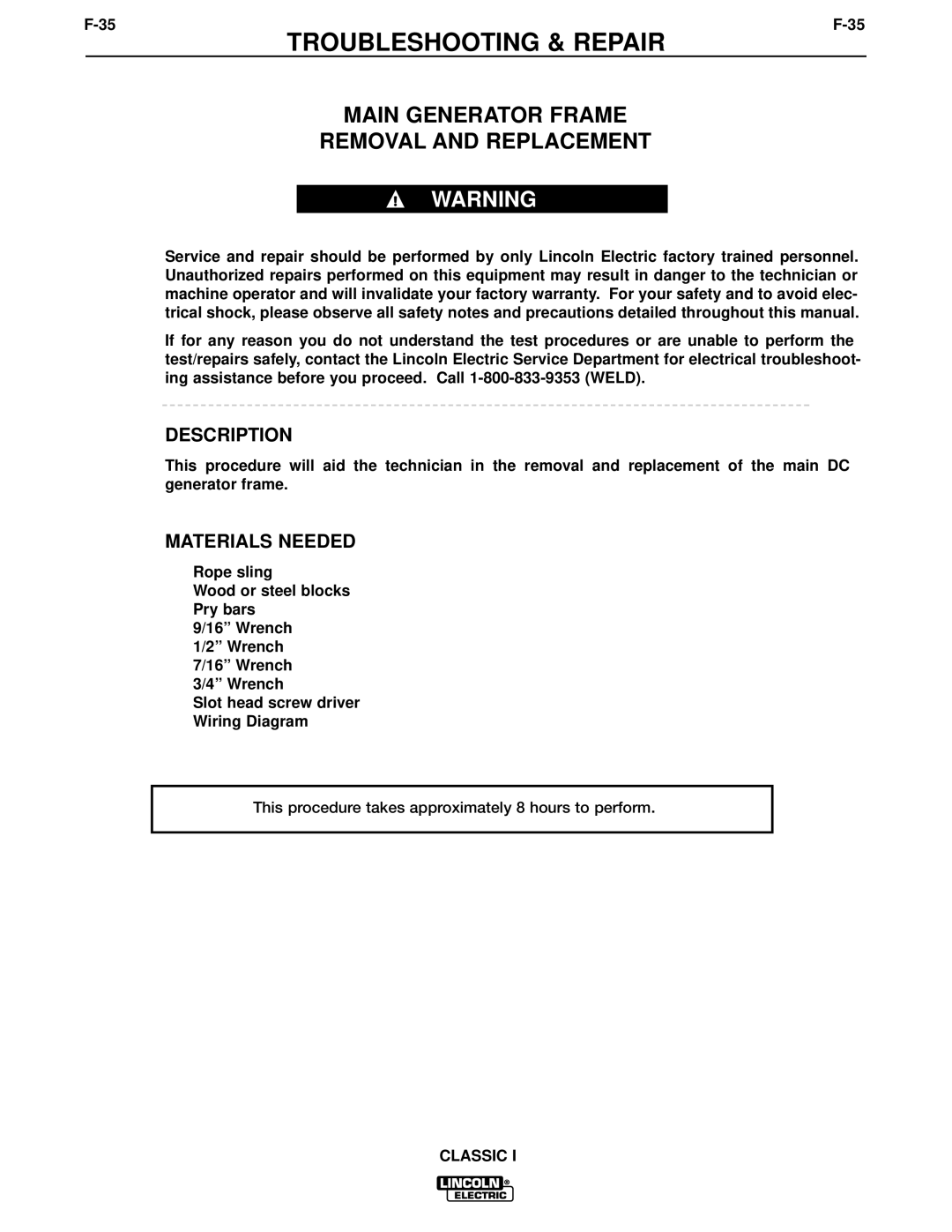 Lincoln Electric SVM134-A service manual Main Generator Frame Removal and Replacement, Description 