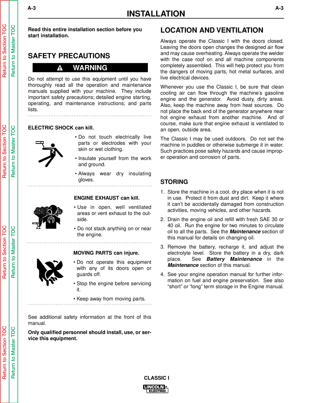 Lincoln Electric SVM134-A service manual Safety Precautions, Location and Ventilation, Storing 