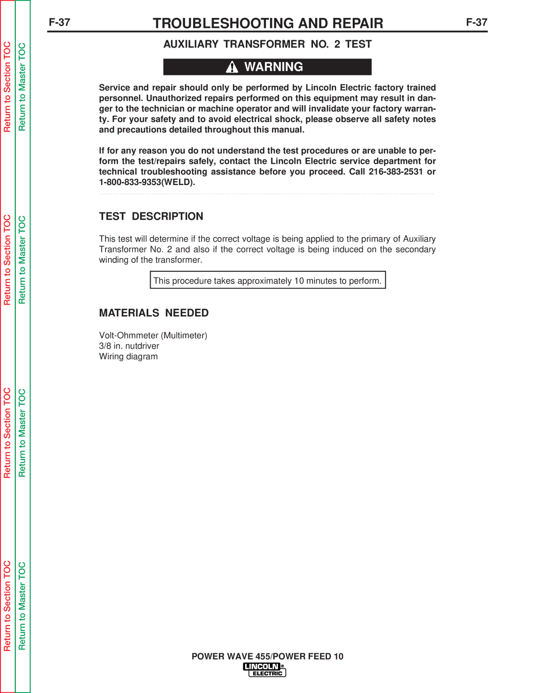 Lincoln Electric SVM135-B service manual Auxiliary Transformer no Test 