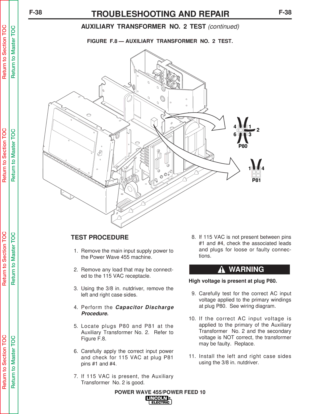 Lincoln Electric SVM135-B service manual 38TROUBLESHOOTING and REPAIRF-38, P81, High voltage is present at plug P80 