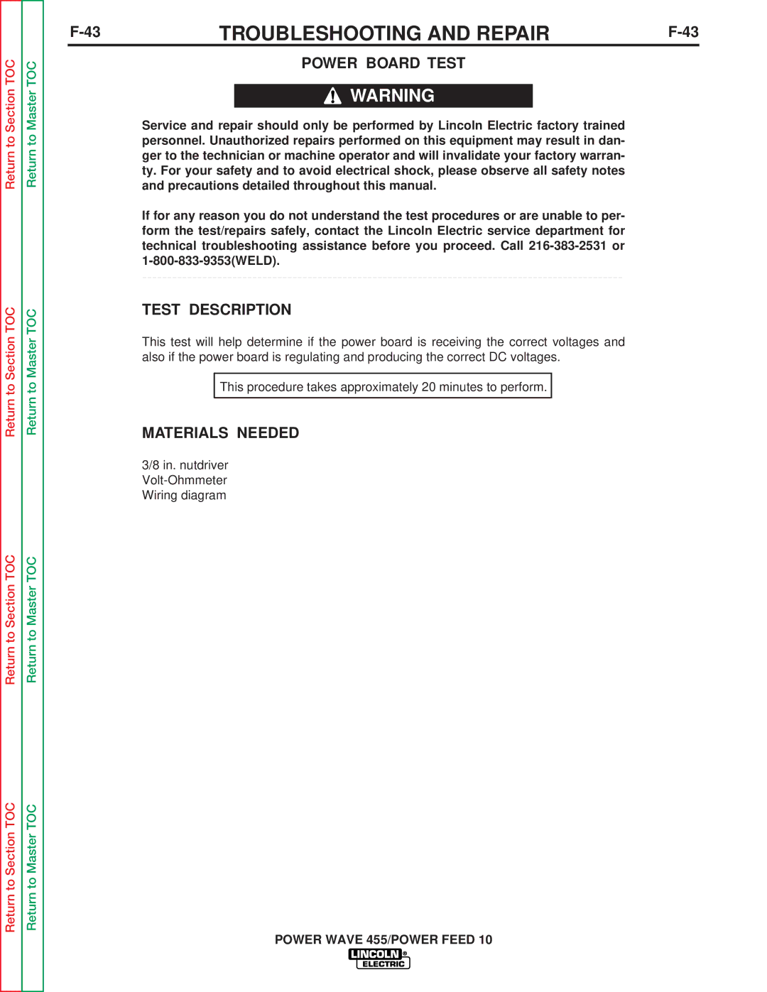 Lincoln Electric SVM135-B service manual Power Board Test, Test Description 