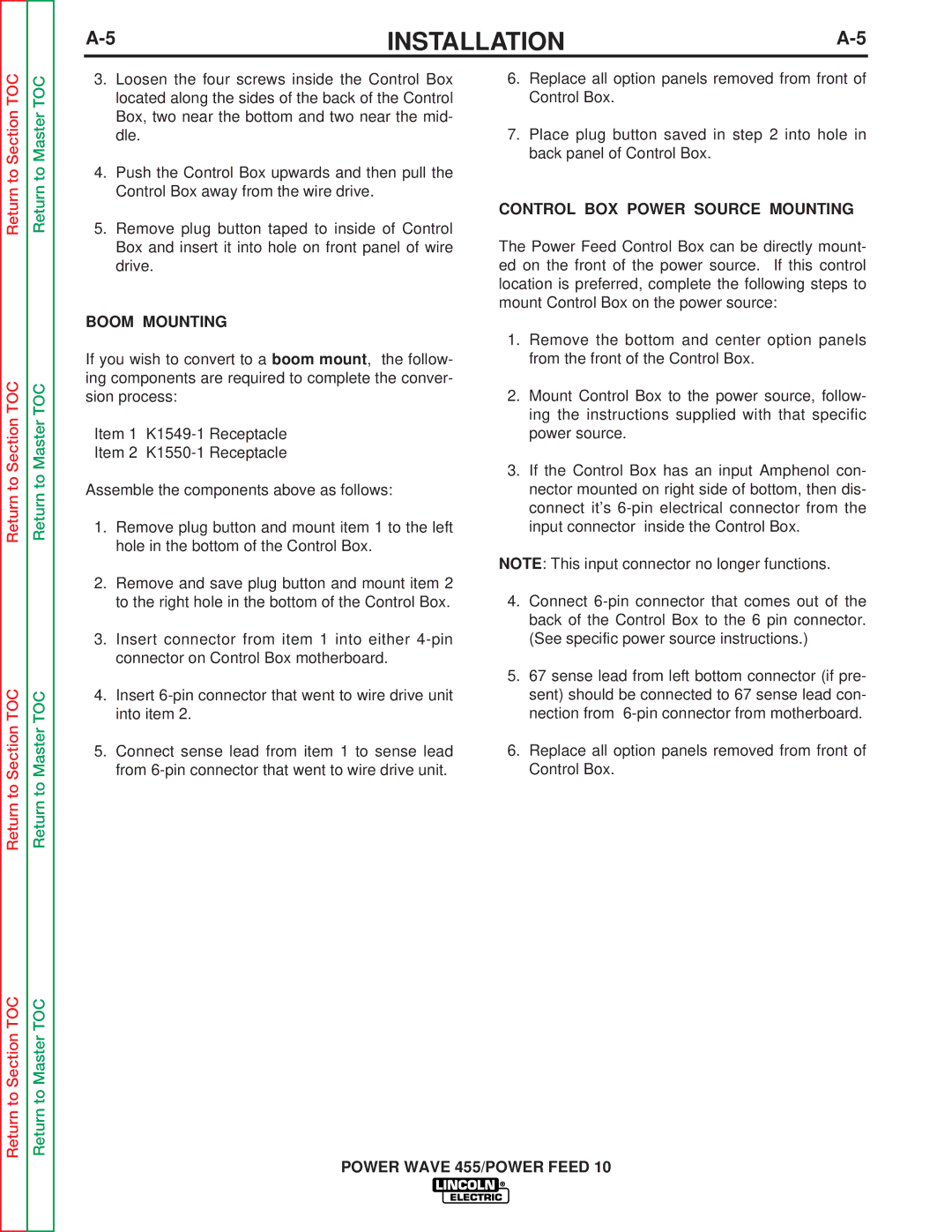 Lincoln Electric SVM135-B service manual Boom Mounting, Control BOX Power Source Mounting 