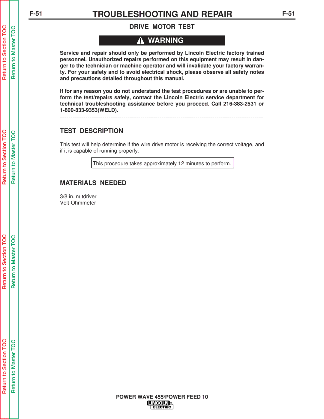 Lincoln Electric SVM135-B service manual Drive Motor Test, Test Description 