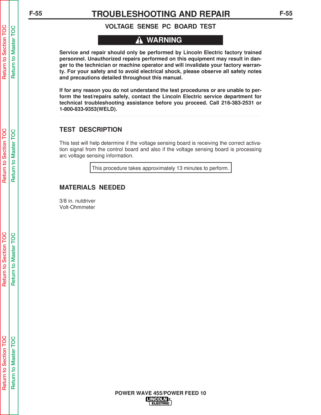 Lincoln Electric SVM135-B service manual Voltage Sense PC Board Test 