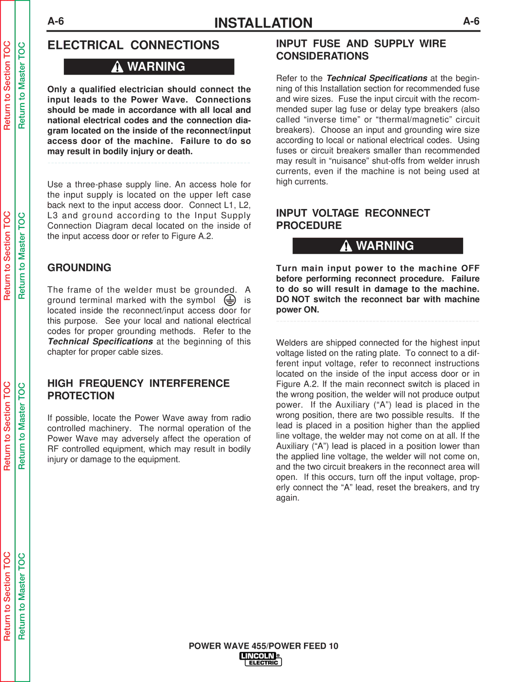 Lincoln Electric SVM135-B service manual Electrical Connections, Grounding, High Frequency Interference Protection 