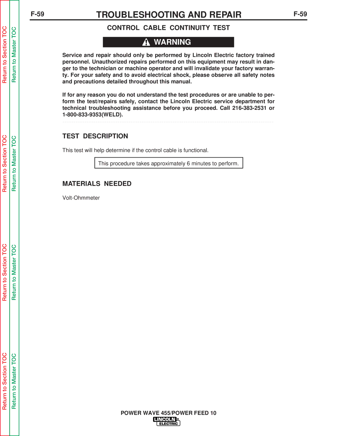 Lincoln Electric SVM135-B service manual Control Cable Continuity Test 