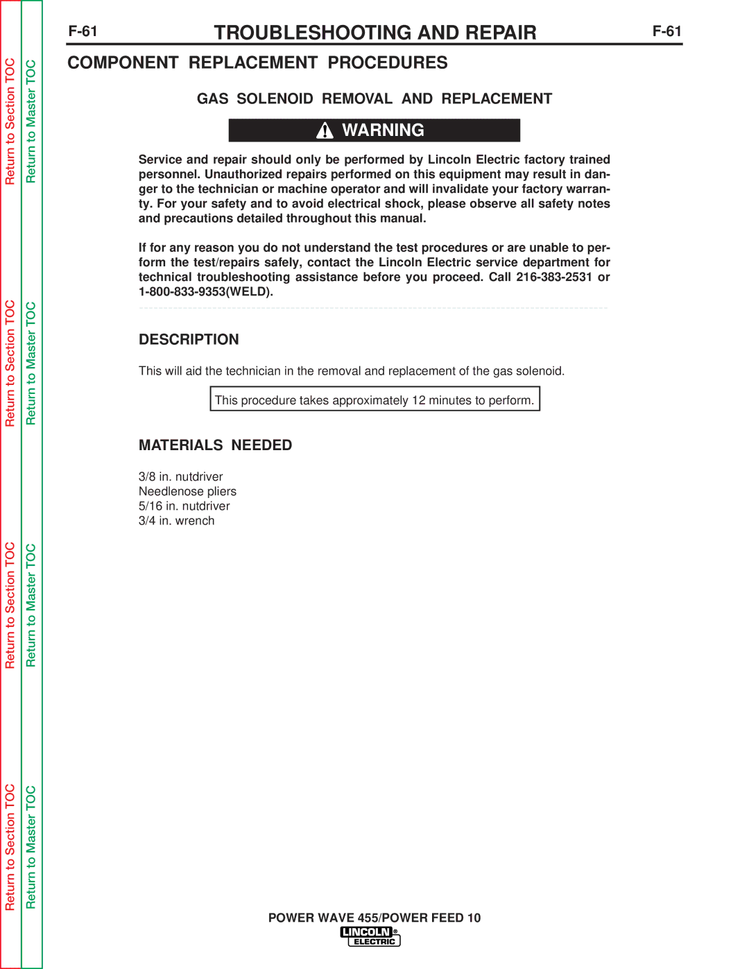 Lincoln Electric SVM135-B Component Replacement Procedures, GAS Solenoid Removal and Replacement, Description 