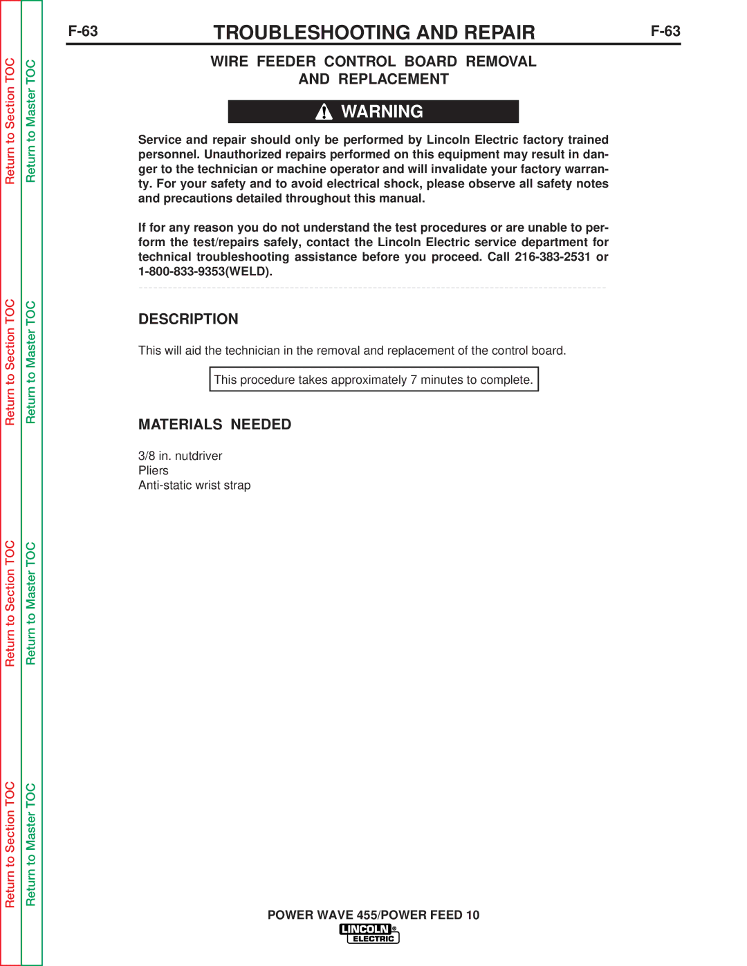 Lincoln Electric SVM135-B service manual Wire Feeder Control Board Removal Replacement 