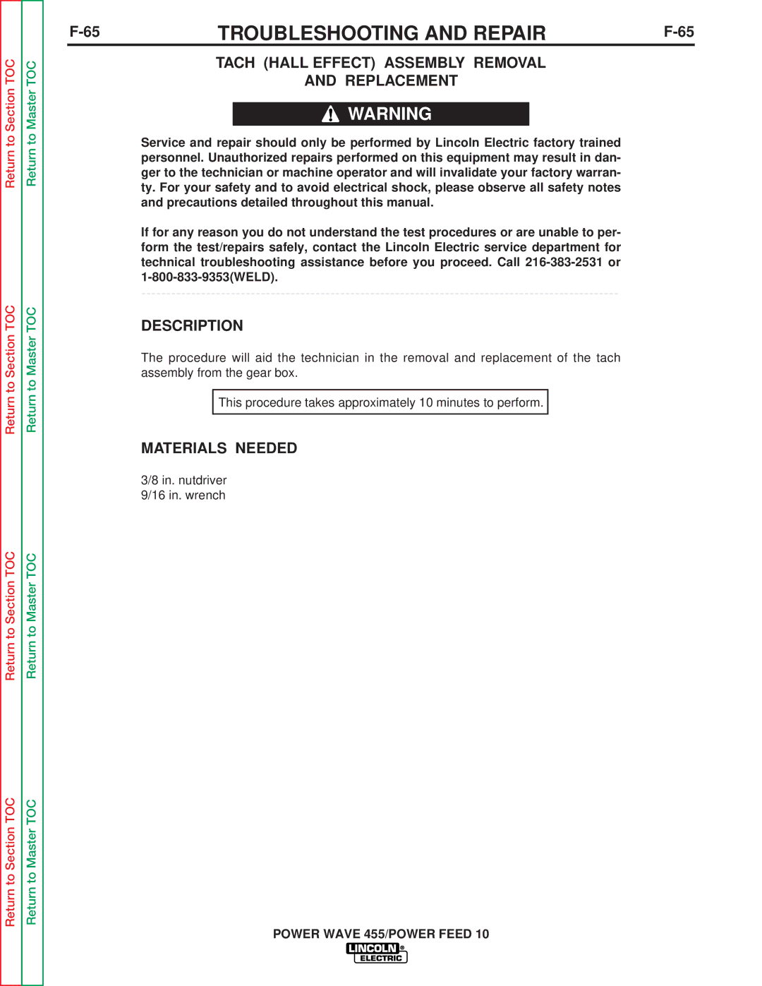 Lincoln Electric SVM135-B service manual Tach Hall Effect Assembly Removal Replacement 