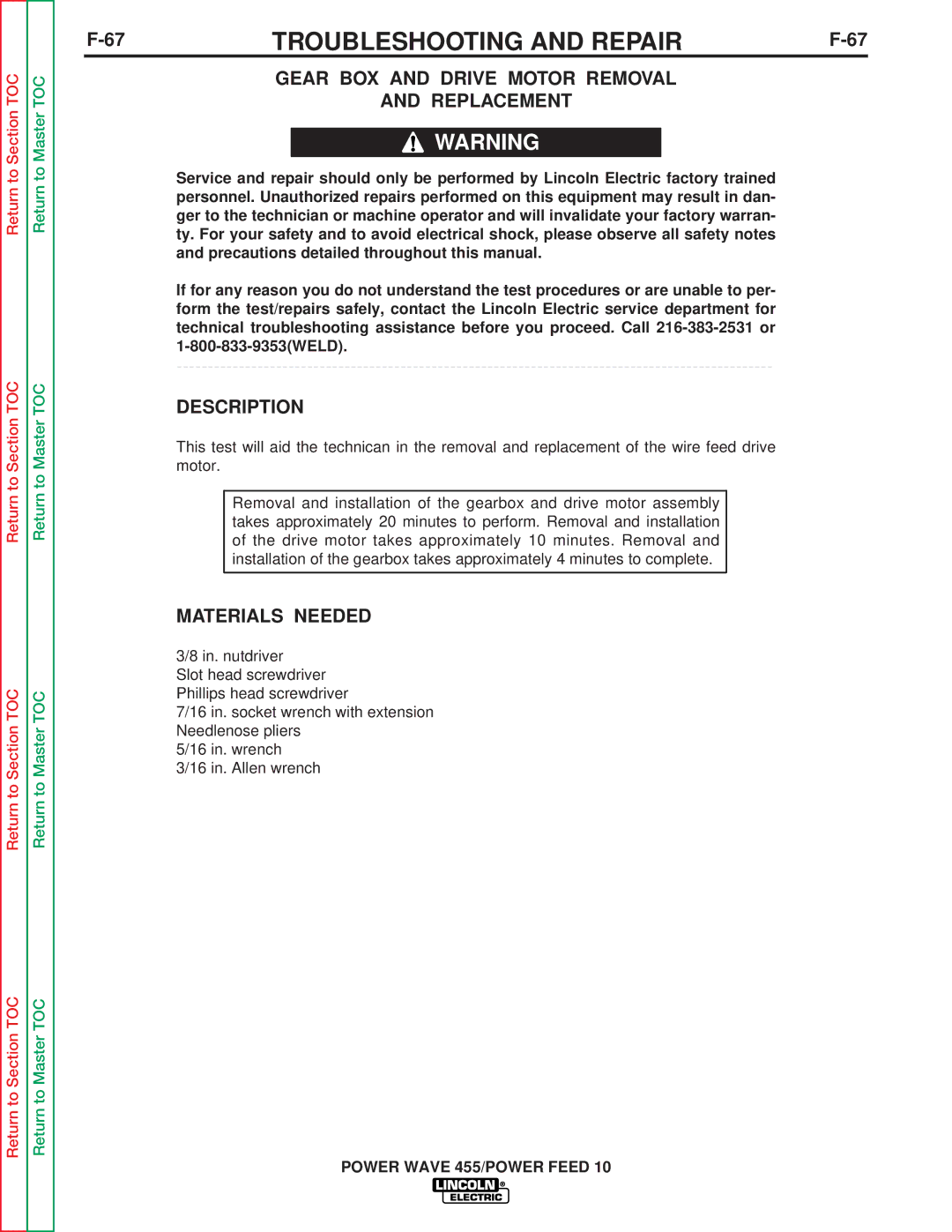 Lincoln Electric SVM135-B service manual Gear BOX and Drive Motor Removal Replacement 