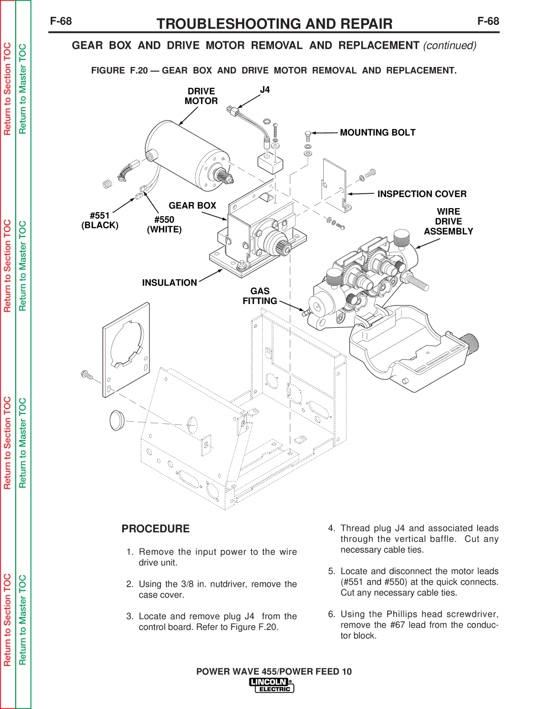 Lincoln Electric SVM135-B service manual Drive Motor Gear BOX, #551#550 