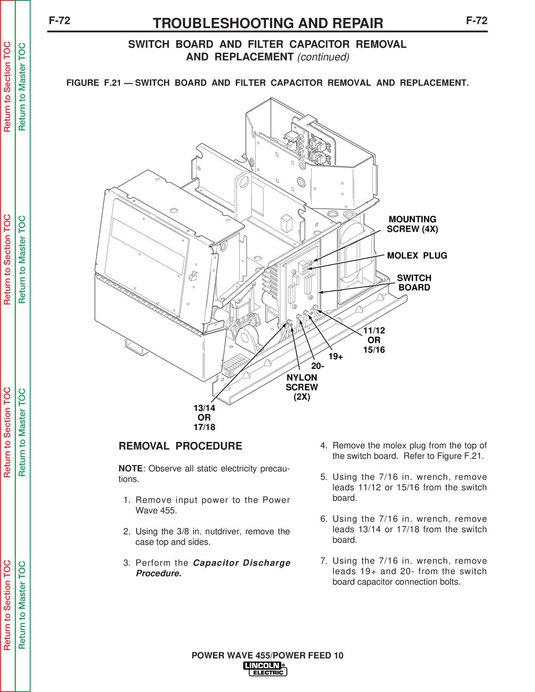 Lincoln Electric SVM135-B Switch Board and Filter Capacitor Removal, 11/12 15/16 19+, Nylon Screw, 13/14 17/18 