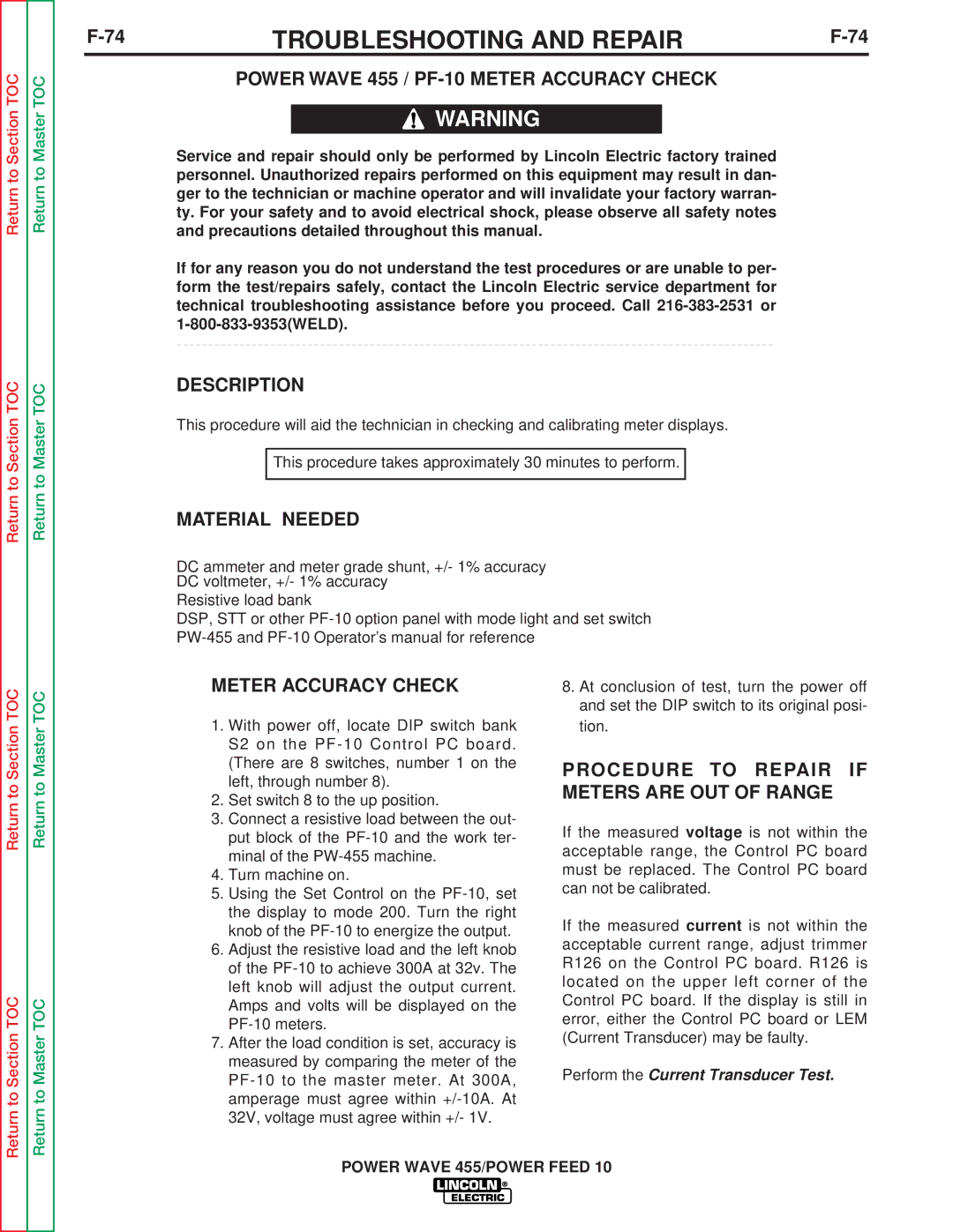 Lincoln Electric SVM135-B service manual Power Wave 455 / PF-10 Meter Accuracy Check, Material Needed 