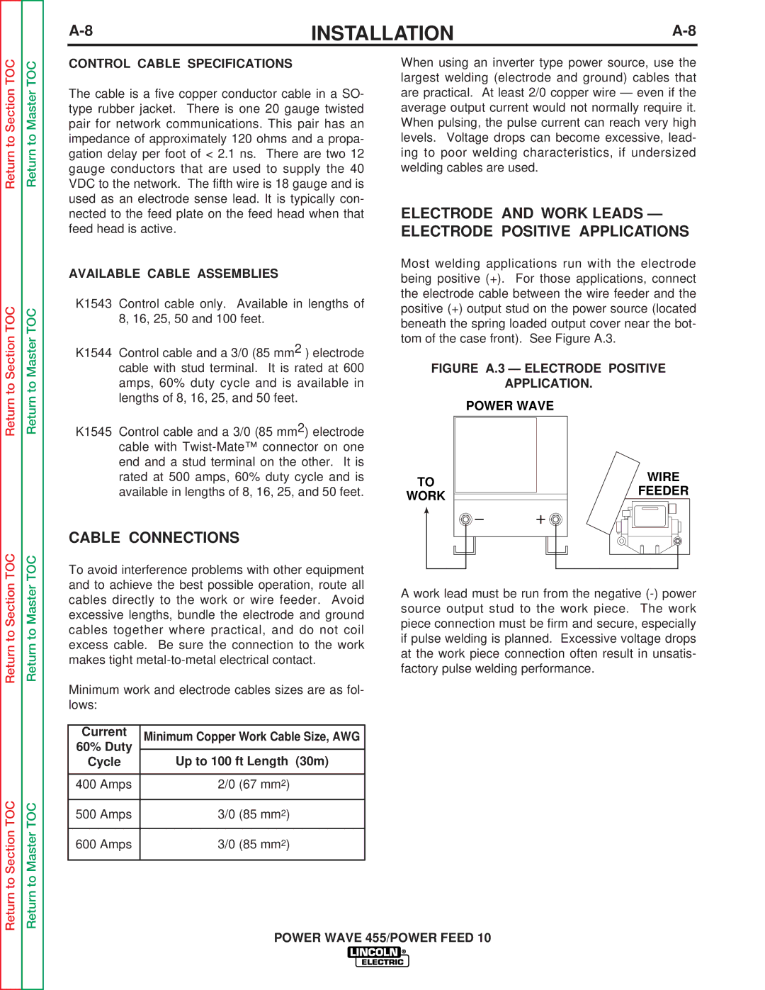 Lincoln Electric SVM135-B service manual Cable Connections, Electrode and Work Leads Electrode Positive Applications 