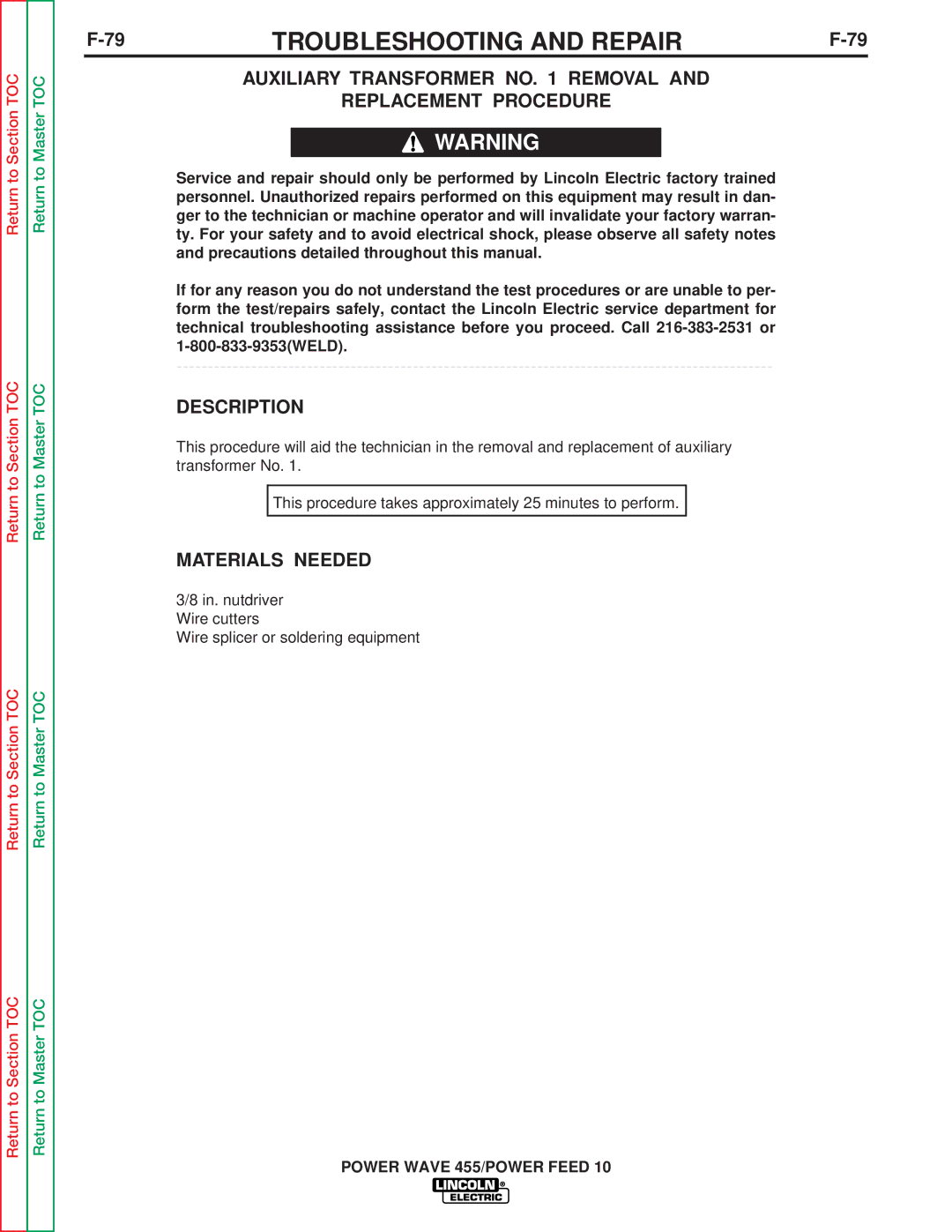 Lincoln Electric SVM135-B service manual Auxiliary Transformer no Removal Replacement Procedure, Description 