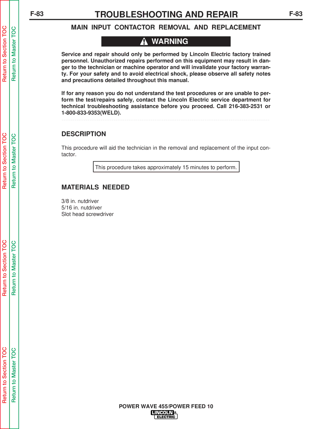 Lincoln Electric SVM135-B service manual Main Input Contactor Removal and Replacement, Description 