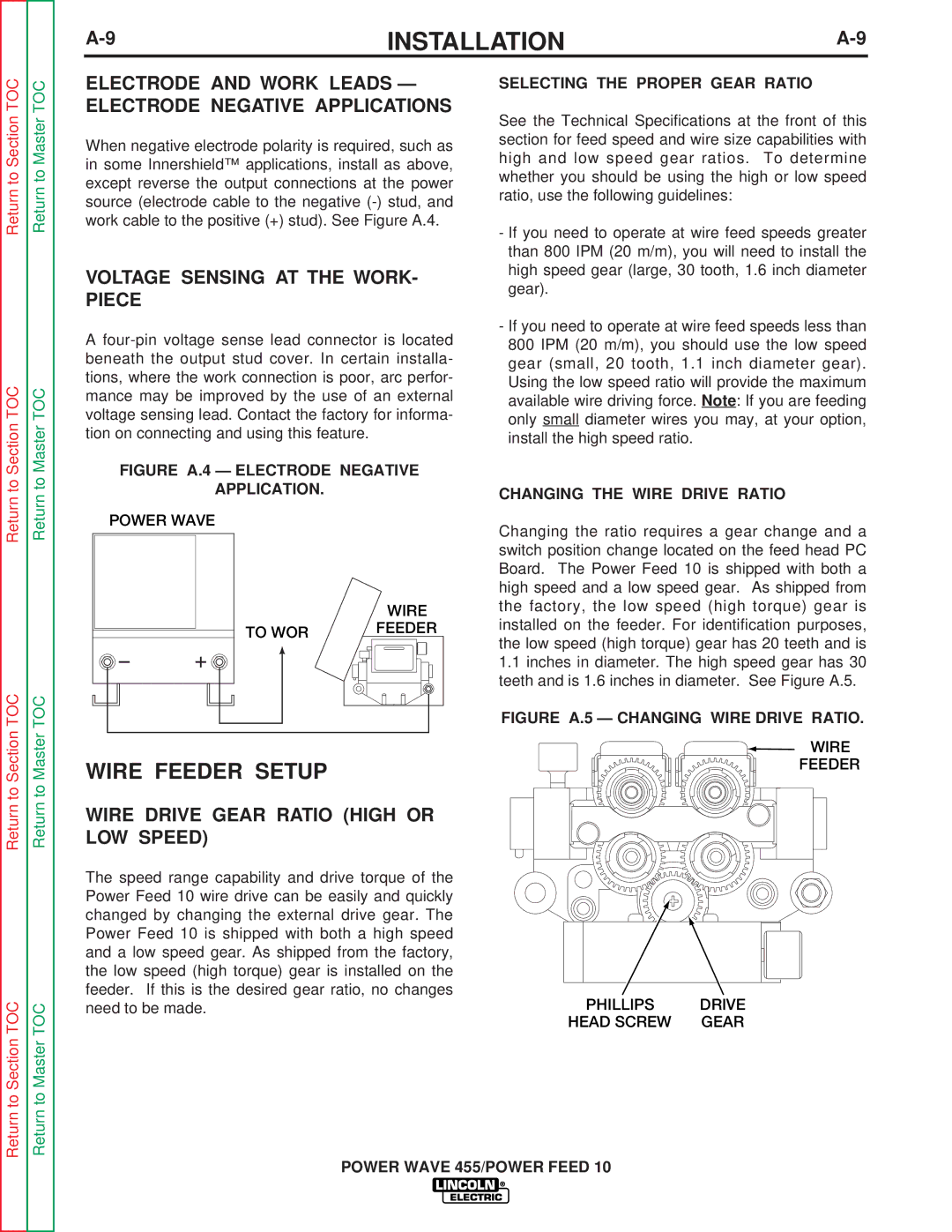 Lincoln Electric SVM135-B service manual Wire Feeder Setup, Electrode and Work Leads Electrode Negative Applications 