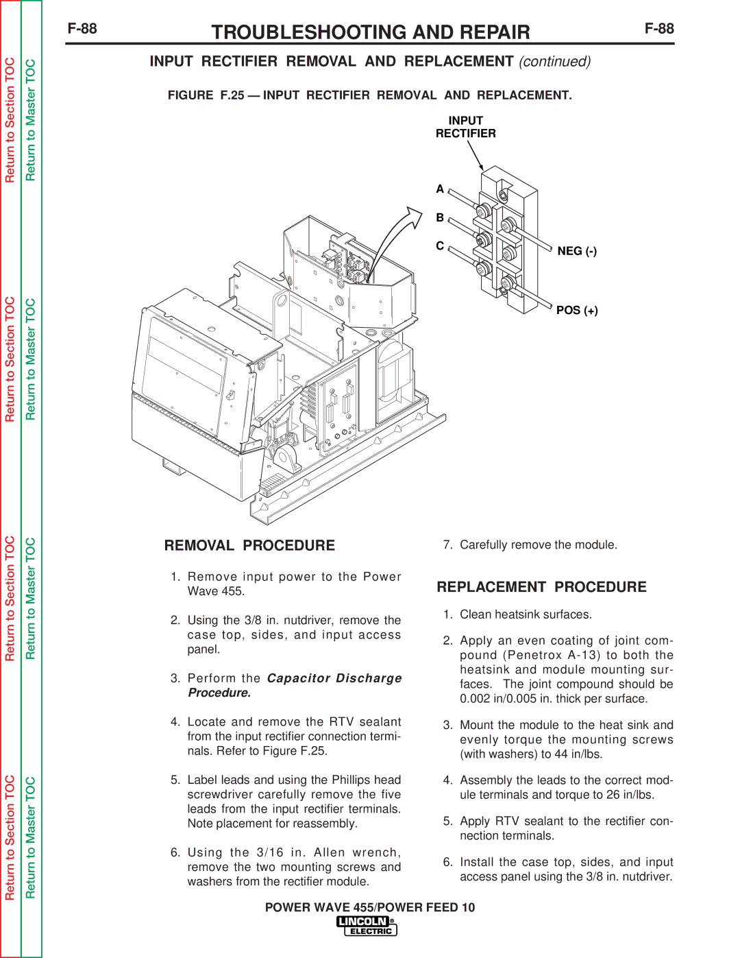 Lincoln Electric SVM135-B service manual Figure F.25 Input Rectifier Removal and Replacement, Neg 